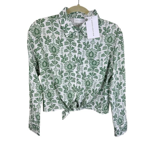 ASCOLLECTION NWT Green White Floral Cotton Tencel Cropped Button Up Blouse Sz M - Picture 1 of 8